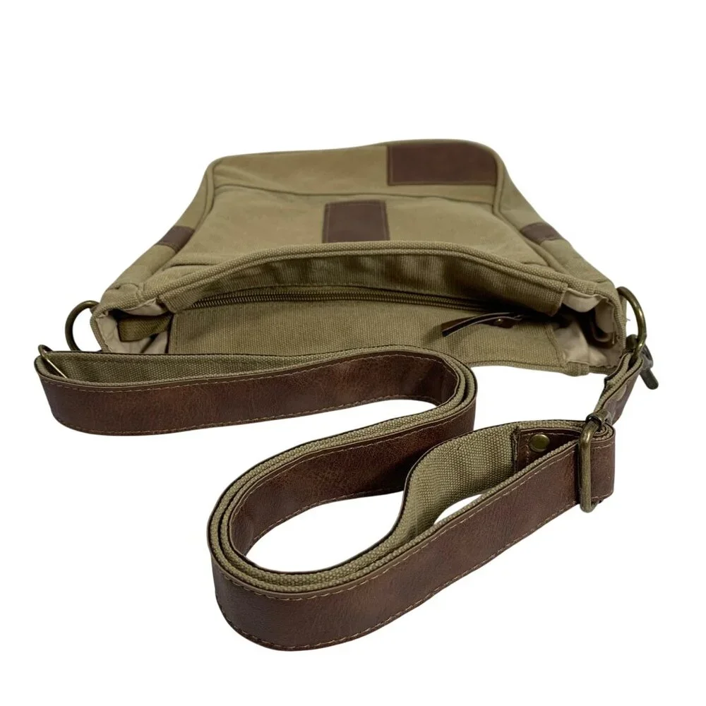 Heavy Khaki Canvas Faux Leather Trim Messenger Satchel Crossbody Bag Pockets EUC